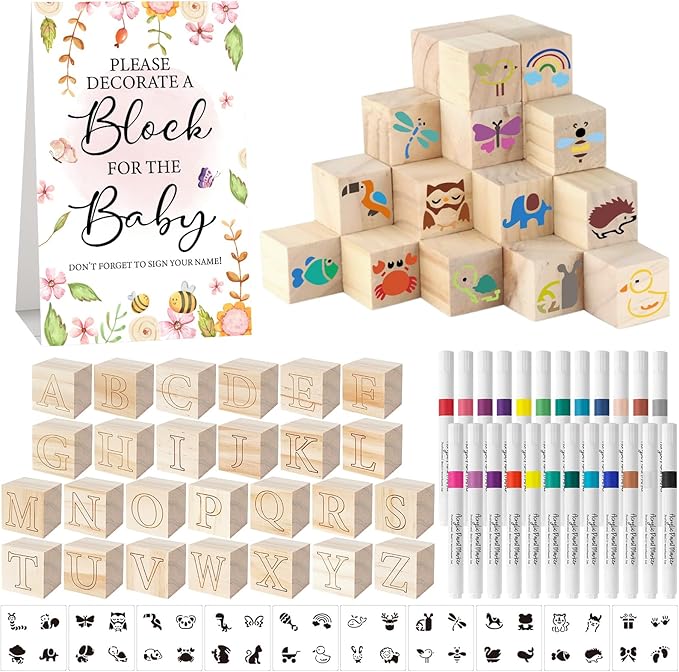 117 Pcs Baby Shower Blocks to Decorate Game Kit Includes 52 Wooden Blocks 24 Markers 1 Game Sign 40 Templates to Paint (Flower)