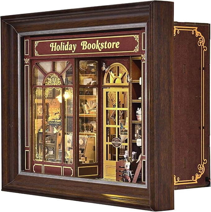 Book Nook Kit-3D Wooden Puzzle with LED Switch Control & Wall-Mountable Frame,DIY Miniature House for Beginners,Bookshelf/Tabletop/Wall Decor for Craft Lovers,Dollhouse Gift,Holiday Bookstore