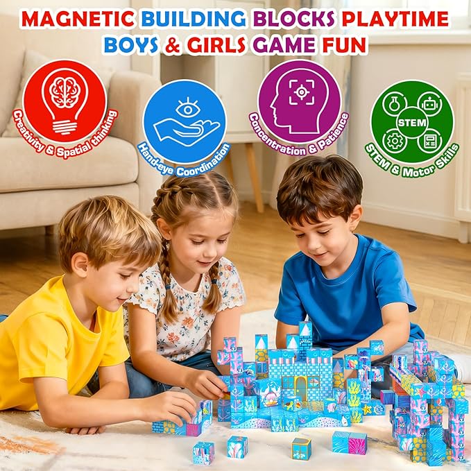 Magnetic Building Blocks Set, 140PCS Light-Up Undersea Kingdom Magnetic Tiles & Magnet Cubes, STEM Montessori Construction Toys for Boys & Girls Age 3 4 5 6 7 8, 2025 Upgraded Christmas Birthday Gift