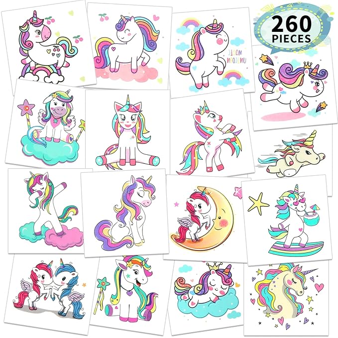 Waterproof Temporary Tattoos For Kids - 260 Pieces | Unicorns & Mermaids | Temporary Tattoo Sheets for Girls | Party Favor for Goody Bags | Non-toxic、Skin-Safe*、Cosmetic-Grade