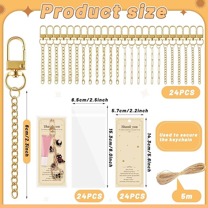 Wurosi 24 Set Lip Gloss Keychain Making Kit, Gold Keychain Clips Hooks with Extender Chain, Cellophane Bags, Thank You Cards, 5M Hemp Rope, for DIY Key Chain Making Crafts