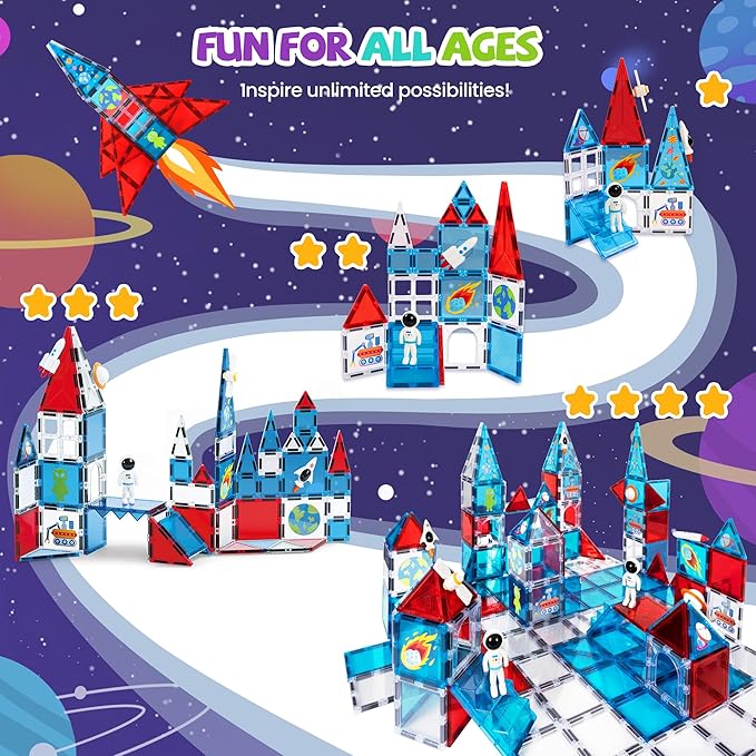 cossy Magnetic Tiles Space Set, Magnet Tiles with Astronaut, Magnetic Tiles for Kids Ages 4-8, STEM Toys, Magnet Blocks for Boys and Girls, Creative Building Toys, Space