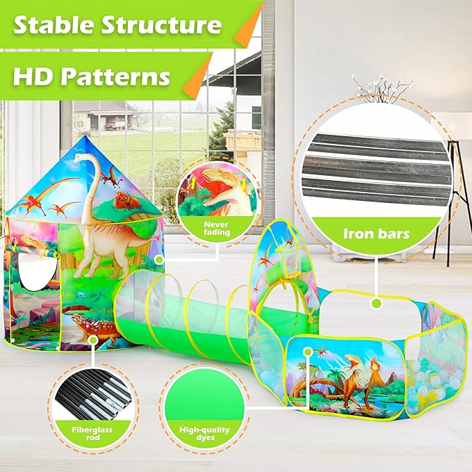 3PC Dinosaur Tent for Girls with Kids Ball Pit, Kids Play Tents and Crawl Tunnel for Toddlers, Pink Pop Up Playhouse Toys for Baby Indoor& Outdoor Tent Games, Birthday Kid’s Gifts