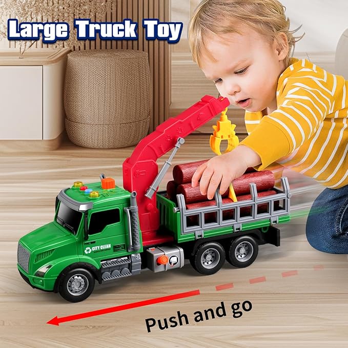 Kids Toys for 3 4 5 6 Year Old Boys,Farm Logging Truck Toy with Loading Crane and 6 Trunks, Lights&Sounds,Friction Powered Truck Kids Birthday Gifts for Boys Girls