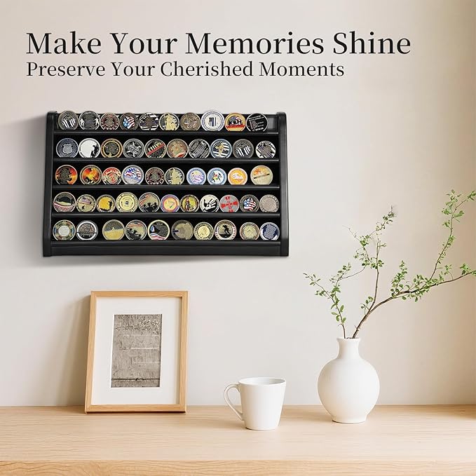 5 Rows Challenge Coin Holder Display Stand Holds 50 Coins for Wall Mount or Tabletop, Solid Wood Military Coin Rack Display Case for Army Collectibles, Black