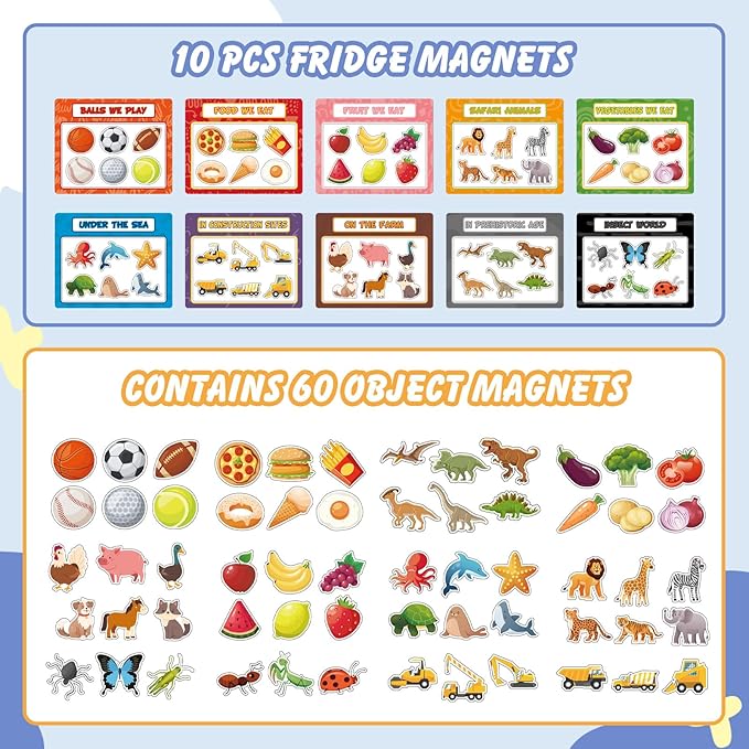 10Pcs Magnetic Sorting Toys 60 Fridge Magnets for Kids, Football Animals Food Car Category Recognition, Refrigerator Magnets for Shape Matching Fine Motor Early Education