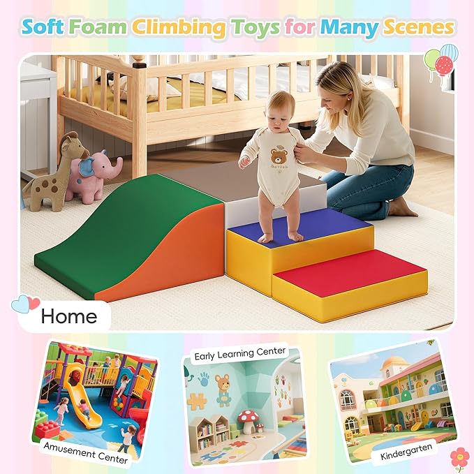 MU Soft Climbing Toys for Toddlers, Soft Foam Climbing Blocks, PU Leather Gym Climb & Crawl Soft Activity Playset, Indoor Climbing Toys Equipment for Kids and Children, Classic Grey, Macaron