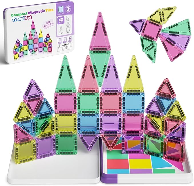 Mini Magnetic Tiles Building Blocks 40PCS - Montessori Educational Magnet Travel Construction Set with Iron Storage Box, Airplane Activities Toys, Toddler Birthday Gift for Boys & Girls Ages 3-8
