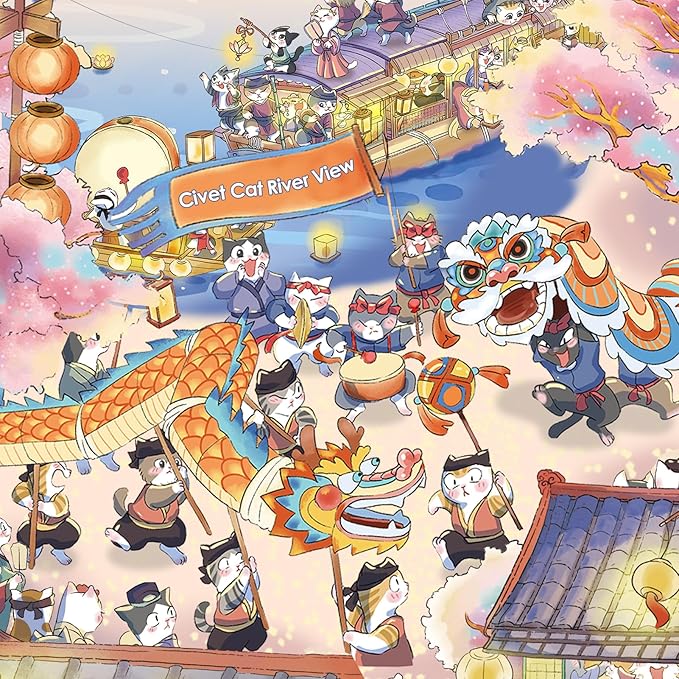 MOMIBOOK Puzzles for Adults 1000 Pieces Jigsaw Puzzles of Civet Cat River View, Painting Image Chinese Cat Puzzle Challenging Hard Impossible Puzzle Unique Funny Party Christmas Birthday Gifts