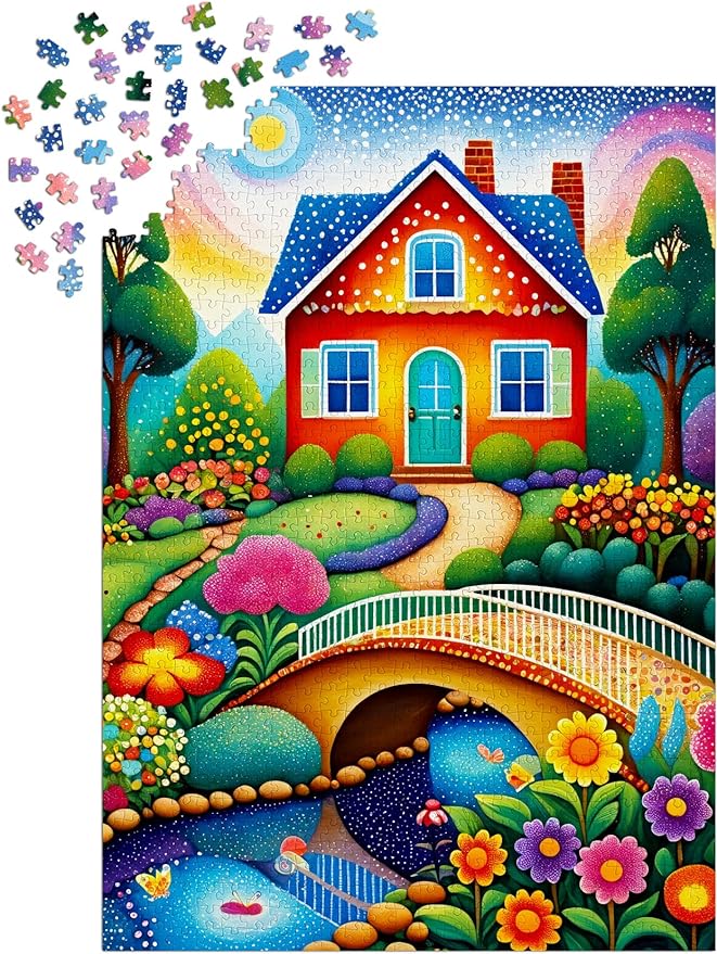 Happy House and Flower Garden Landscape – 1000 Pieces Jigsaw Puzzle for Adults – Matte Finish, Soft Touch, Easy to Assemble, Tight Fit, Vivid Colors, Missing Pieces Service