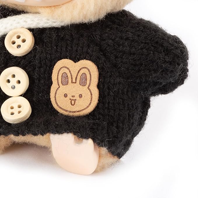 17cm Doll Outfits for Labubu - Kawaii Chic Style Set for 17cm Dolls, Cute Doll Clothes with Accessories -Button Up Stripe Black Sweater + Black Hat + White Bag (Clothes Only)