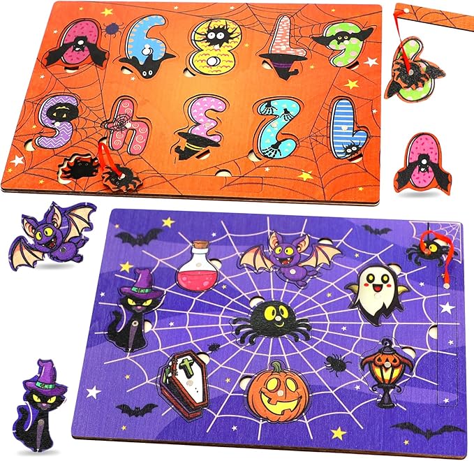 2Pcs Halloween Wooden Peg Puzzles Toys Magnetic Wooden Fishing Game for Toddlers Educational Puzzle for Years Old 3-5 Boy Girl Kid Halloween Basket Stuffers Fillers Gifts