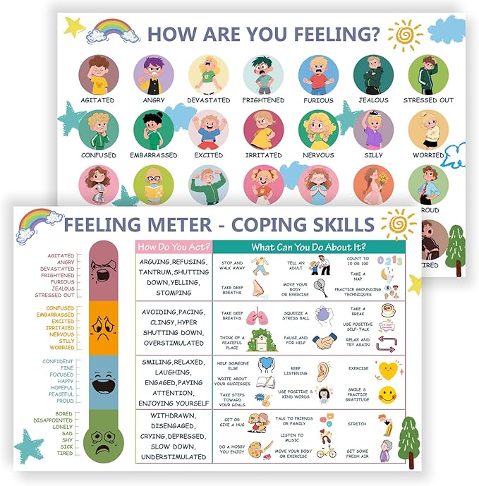 LAZTZQ Feelings Chart for Kids, Children's Mental Health Poster - Emotion Recognition Chart, 11x17inch Poster for School Counselors, Psychologists, and Parents Special Education Classroom Supplies
