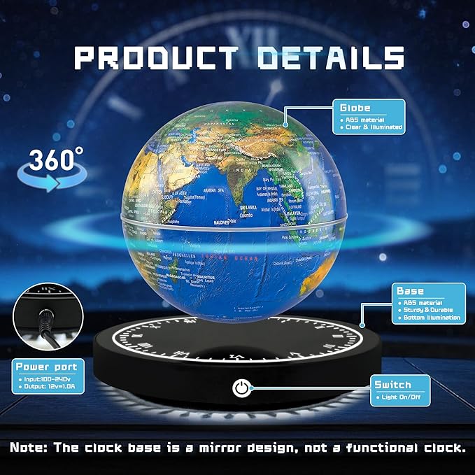 Flagest Magnetic Levitating Floating Globe with LED Lights, 16 Colors Rotating Globe Lamp with Clock Base for Home Office Desk Decor, Cool Tech Gadgets for Men Husband Boys and Girls