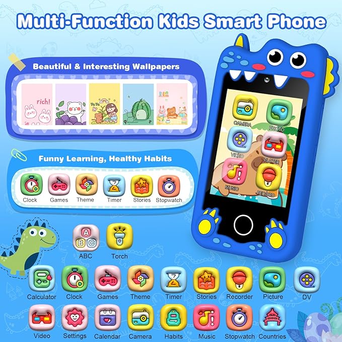 Kids Smart Phone Christmas Birthday Gifts for Boys Age 3-10 Dinosaur Toys Smart Phone 2.8" Touchscreen Built-in 32G SD Card Dual Camera 28 Learning Games MP3 Music Player
