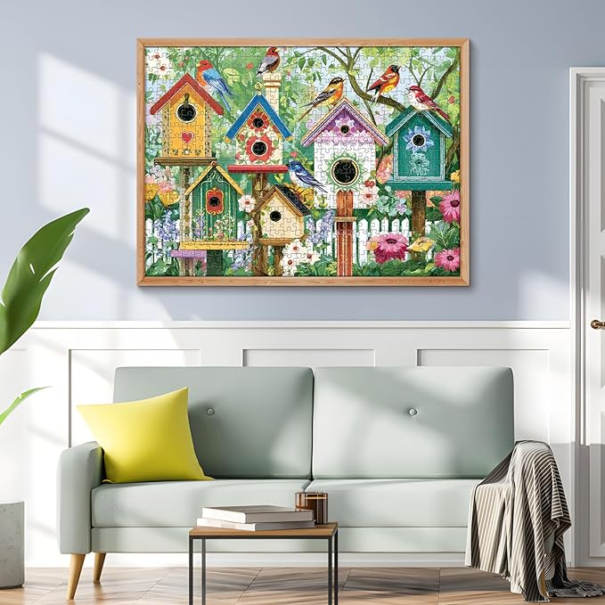 500 Piece Puzzle for Adults, Colorful Birdhouses 500 Piece Puzzle, Vibrant Birds in Blooming Flowers Jigsaw Puzzle, Perfect for Family Game Night, Home Wall Decor, Great Gift for Adults, Kids, Seniors
