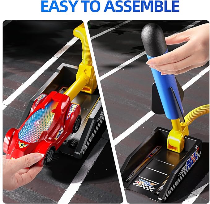 Rocket Toy Car Launcher, 2 Race Car and 6 Foam Rockets, Outdoor Outside Backyard Toys for Boys & Girls, Birthday Gift Toys for Kids Boys Girls Age 3 4 5 6 7 8 Years Old