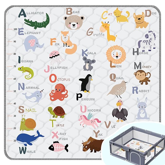 Baby Play Mat，Thick Soft 50" X 50" Playpen mat, Non-Slip and Machine Washable Baby Play Mats for Floor，Crawling Mat for Babies, Toddlers & Infants to Play and Learn (Animal Alphabet-A)
