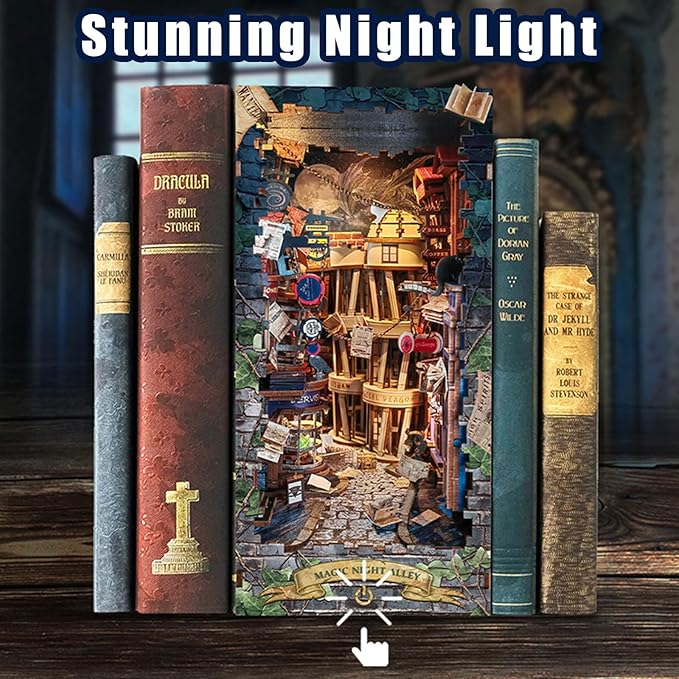 DIY Book Nook Kit,Miniature Dollhouse for Adults Teens,Booknook Bookshelf Insert Decor,Dust Proof 3D Wooden Puzzles,Tiny House Easter Halloween Home Decor,Birthday Gifts(Magic Night Alley)