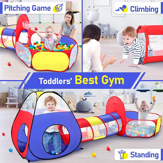 PigPigPen 3 in 1 Kids Play Tent with Play Tunnel, Ball Pit, Basketball Hoop for Boys & Girls, Toddler Pop Up Playhouse Toy for Baby Indoor/Outdoor, Gift for Year Old Child (Colorful 3pc Play Tent)