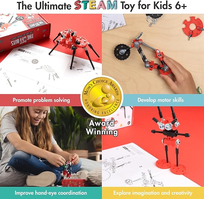 The Off Bits Erector Set: Animal Mini STEM Toys for Kids 6+, Toy Building Sets with Nuts & Bolts, STEM Building Toys Gifts for Boys and Girls (Red Spider)