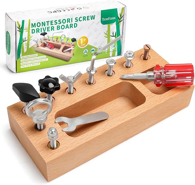 Montessori Busy Board for Toddlers 3-5 Years, Wooden Screwdriver Activity Board, Fine Motor Skills & Sensory Development Toy, Preschool Learning & Travel