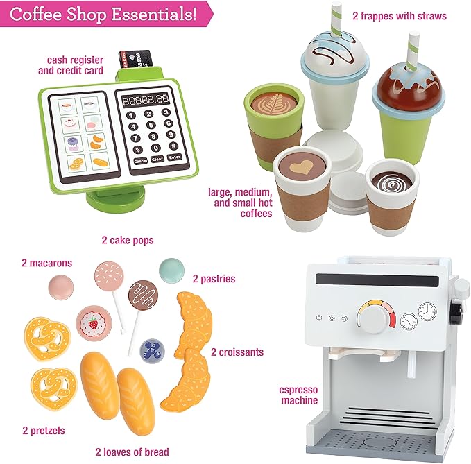 Pretend Coffee Shop Wooden Playset- Drive Thru Window Holiday Fun- Frappuccino, Straws, Espresso Maker, Bread, Pastries, Rotating Cash Register, Coffee Cups, Apron- 25+ Play Pieces Kids Xmas Gift