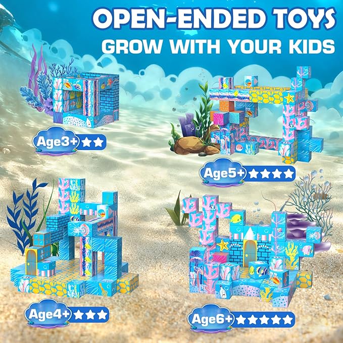 Glow-in-the-Dark Magnetic Building Blocks & & Tiles, 2025 Upgraded STEM Montessori Construction Toys, Ocean World Magnet Cubes, Christmas Birthday Gifts for Kids, Boys Girls Toddlers Ages 3-5 4-8 8-12