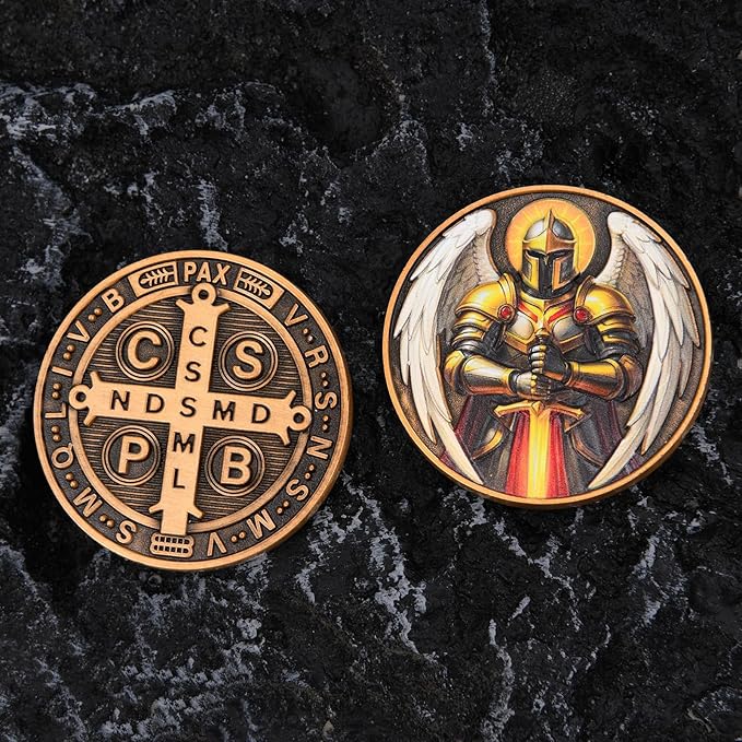 St Benedict Coin & Angel Warrior Metal Token Set - Christian Religious Medallion with Latin Prayer & Fantasy Archangel Design