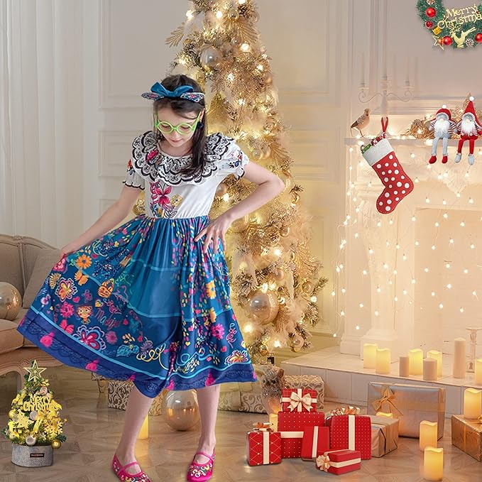 Encanto Dress - Mirabel Dress, Isabella Costume for Girls - Cosplay Dress Up With Glasses & Earrings
