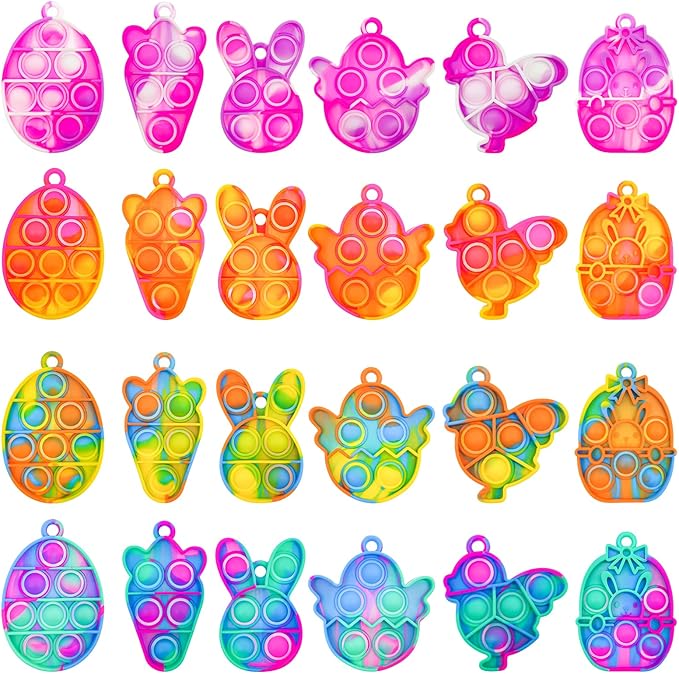 24Pcs Easter Mini Fidget Sensory Pop Toys for Kids, Mini Pop Keychains Easter Basket Stuffers Gifts Party Favors Fidget Toy, Silicone Pop Toys for Kids Anxiety Stress Reliever for Adult