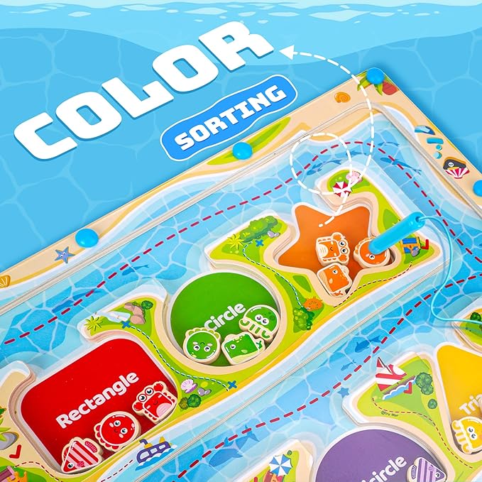 FCSONU Magnetic Color & Shape Maze, Toddler Montessori Toys for 3 4 5 Years Old Boy Girl Birthday Gifts, Wooden Magnetic Board for Kids Puzzles, Color Shape Sorting Magnet Toys, Preschool Activities