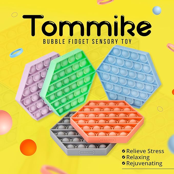 TOMMIKE Hexagon Push Pop Fidget Toy Bubble Sensory for Anxiety & Stress Relief Special Needs Autism Learning Office School Game Crafts Kids Adults (Rainbow)