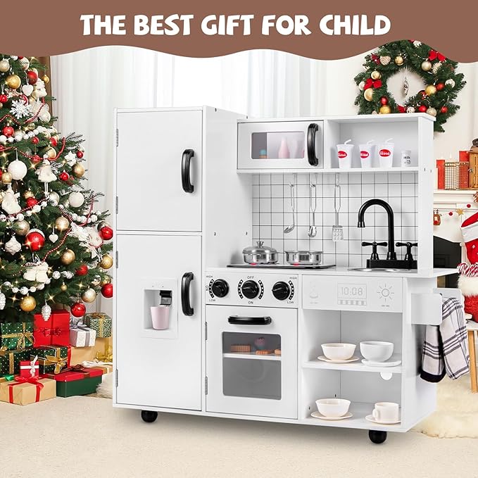 INFANS Play Kitchen for Kids, Wooden Kids Play Kitchen Playset with Realistic Light & Sounds, Pots Pan Microwave Sink, Children Pretend Cooking Toy Set Gift for Toddler Boys Girls Ages 3+