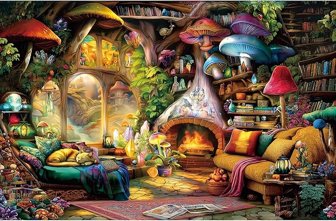Fantasy Mushroom House Jigsaw Puzzle, 500 Pieces, Cozy Interior Scene with Fireplace