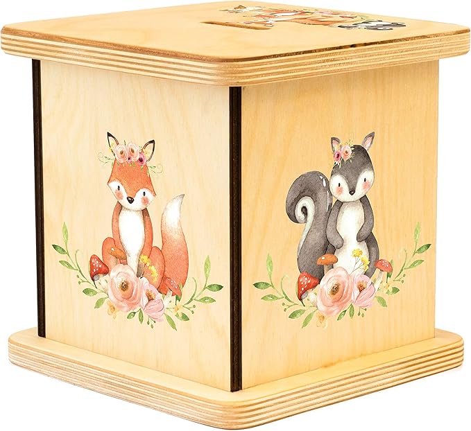 Wooden Piggy Bank for Kids and Adults, Personalized Gift Handmade in USA by BloomOwl, Custom Piggy Bank, Personalized Banks for Kids, Gifts for Baby Boys and Girls (Woodland- Girl)