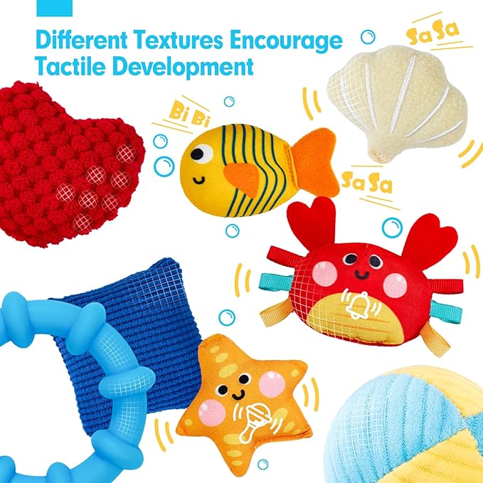 hahaland Baby Toys 0-6 Months - Car Seat Toys Octopus Toy with Pulling Cords, Squeaky, Crinkle, Rattle, Mirror, Montessori Newborn Sensory 4 Month Babies Gift Stroller Carseat Hanging Toy for Baby Gym