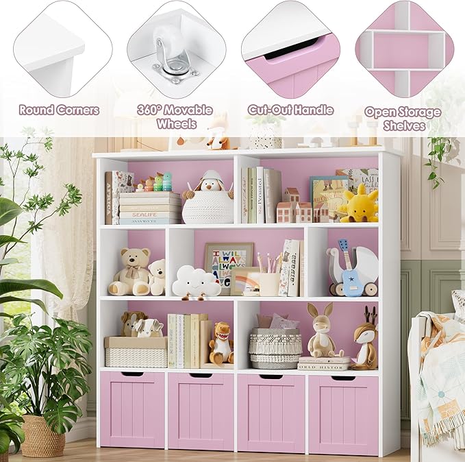 FINETONES Toy Storage Organizer, Kids Bookshelf with 4 Movable Chests and 7 Storage Cubes, Toy Chest Storage with Hidden Wheels, Toy Organizers and Toy Storage, Pink