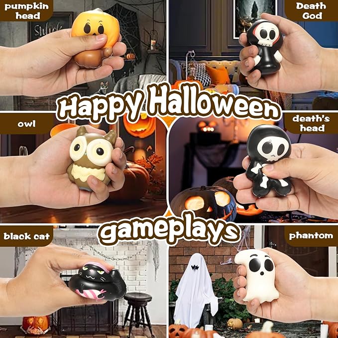 New 6 Packs-Halloween Squishies Toys Slow Rising, Gift Box Includes Ghost: Vampire,Pumpkin,Skull,Black Cat,Mummy,Bat, Halloween Soft Stress Relief Toys for Girls,Boys,Kids Party(6pcs-3)
