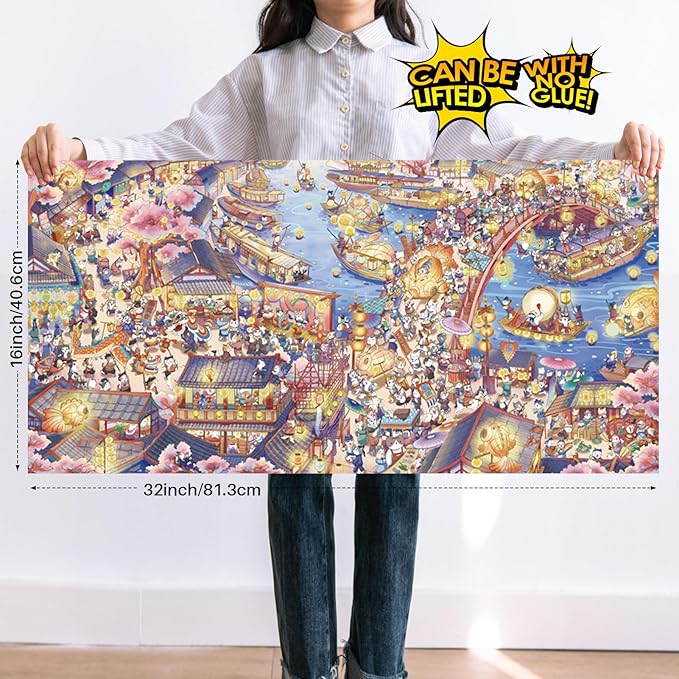 MOMIBOOK Puzzles for Adults 1000 Pieces Jigsaw Puzzles of Civet Cat River View, Painting Image Chinese Cat Puzzle Challenging Hard Impossible Puzzle Unique Funny Party Christmas Birthday Gifts
