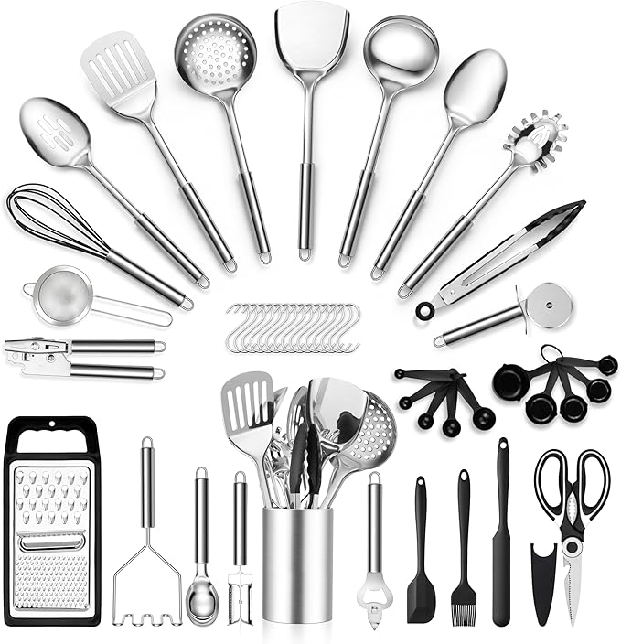 E-far Stainless Steel Kitchen Utensils Set, 39-Piece Cooking Utensils Set with Holder, Non-toxic Metal Heat Resistant Kitchen Gadgets Cookware Tool Spatula Set for Cooking, Dishwasher Safe