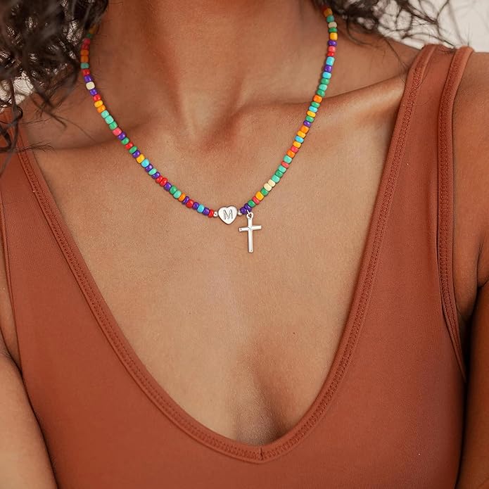 Colorful Initial Necklaces for Girls Women Kids - Teen Girls Gifts Trendy Cross Cross Beaded Initial Necklace Dainty Letter Gifts Choker Necklace for Girl Jewelry