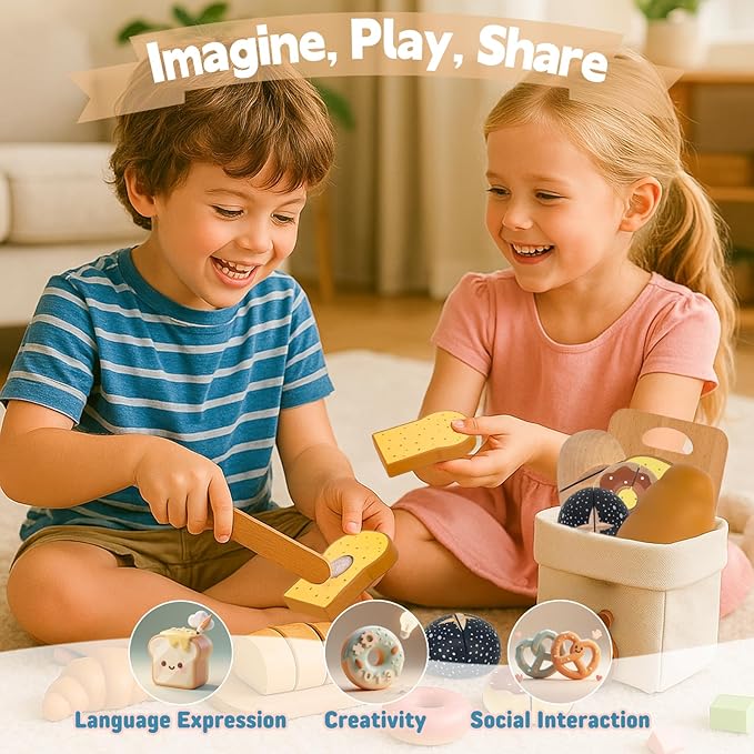 Wooden Food for Play Kitchen 18 PCS Play Food Set for Kids Kitchen Play Kitchen Food with Storage Bag Wooden Bakery Pretend Food Toy for Birthday Gift