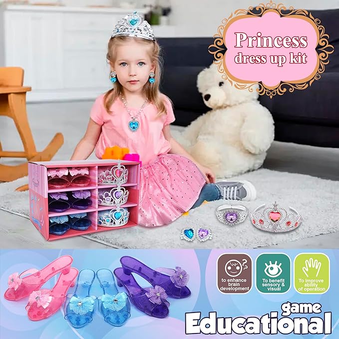 Princess Dress Up for Girls - Toddlers Clothes with Skirts, Shoes, Crown & Play Jewelry, Princess Costume Toys for Girls Age 3,4,5,6 Year Old, Kids Shoes Role Play Gift Idea for Birthday Christmas