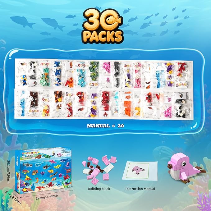 HOGOKIDS 30 Pack Animals Party Favors for Kids, 824PCS Mini Marine Animal Building Block Sets for Goodie Bags Filler Classroom Prizes, Easter Basket Stocking Stuffer Birthday for Boys Girls 6+