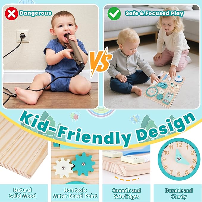 ATOYUS Montessori Busy Board Toys for Toddlers, Learning Educational Toys for 3 Year Old, Wooden Sensory Activity Toys for Kids 3-4 with Autism, Christmas Birthday Gift for Baby Boys Girls Ages 3-5