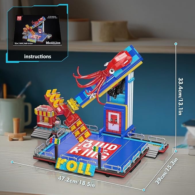 Mould King Octopus Spin Ride Building Blocks Set, Creative Amusement Park Model Kit That Run, City Building Engineering Toy with Motor, Collectible Gift for Teens, Adults(1668 Pcs)