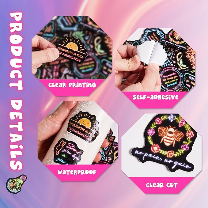 50 Pcs Inspirational Quotes Stickers for Kids, Neon Sticker for Water Bottle, Vinyl Waterproof Laptop Decals for Teens Girls Boys, Students Adults Sticker Pack