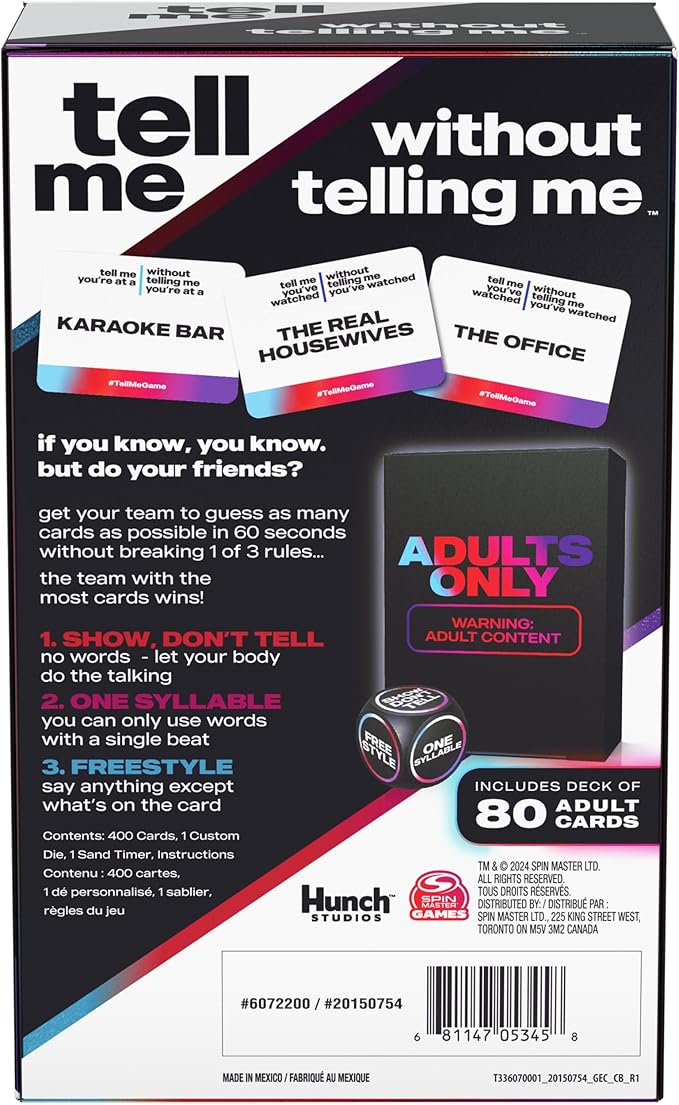 Spin Master Games, Tell Me Without Telling Me, 2025 Edition with New Cards, The Viral Adult Party Game for Bachelorette Parties, College, Friendsgiving, Adult Card Game, 4+ Players, for Ages 18 & Up