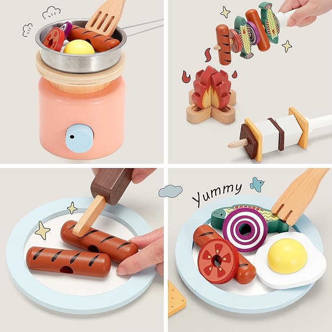 Wooden Campfire Playset – 25-Piece Kids S’Mores & Grill Pretend Camping Kitchen Toy, Glow-Look Fire, Skewers, Pan & Food, STEM Screen-Free Outdoor BBQ Gift for Boys & Girls Age 3+